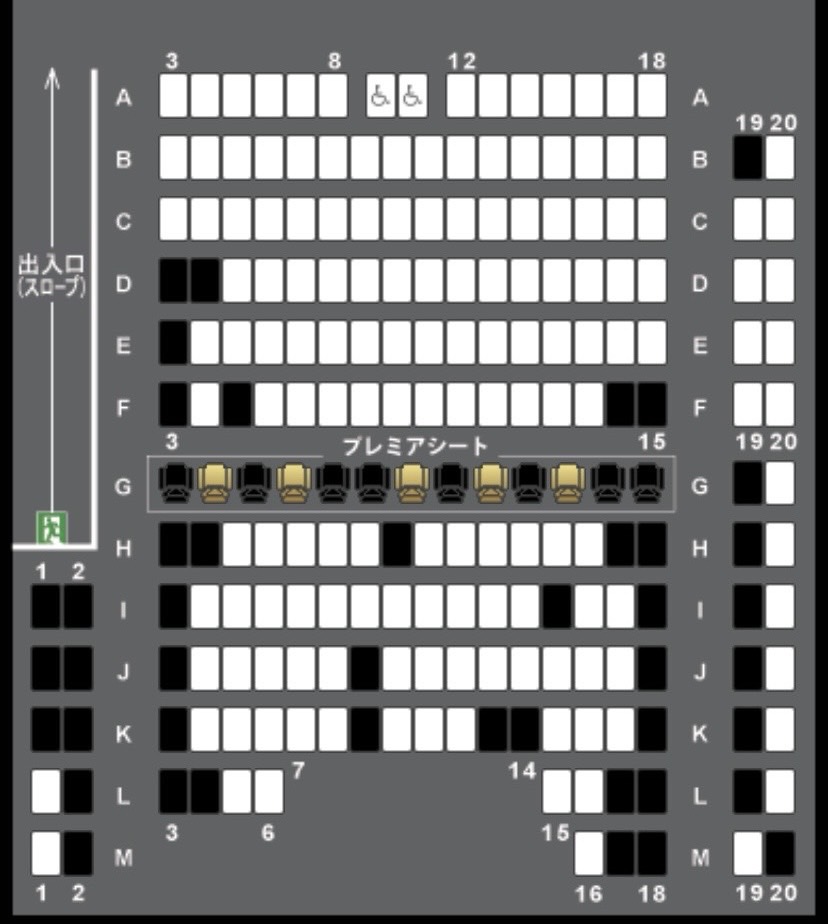 SCREENの座席配置イメージ。出入口や通路側の端席が人気で取りやすく、中央にプレミアムシート列があることを示す図。